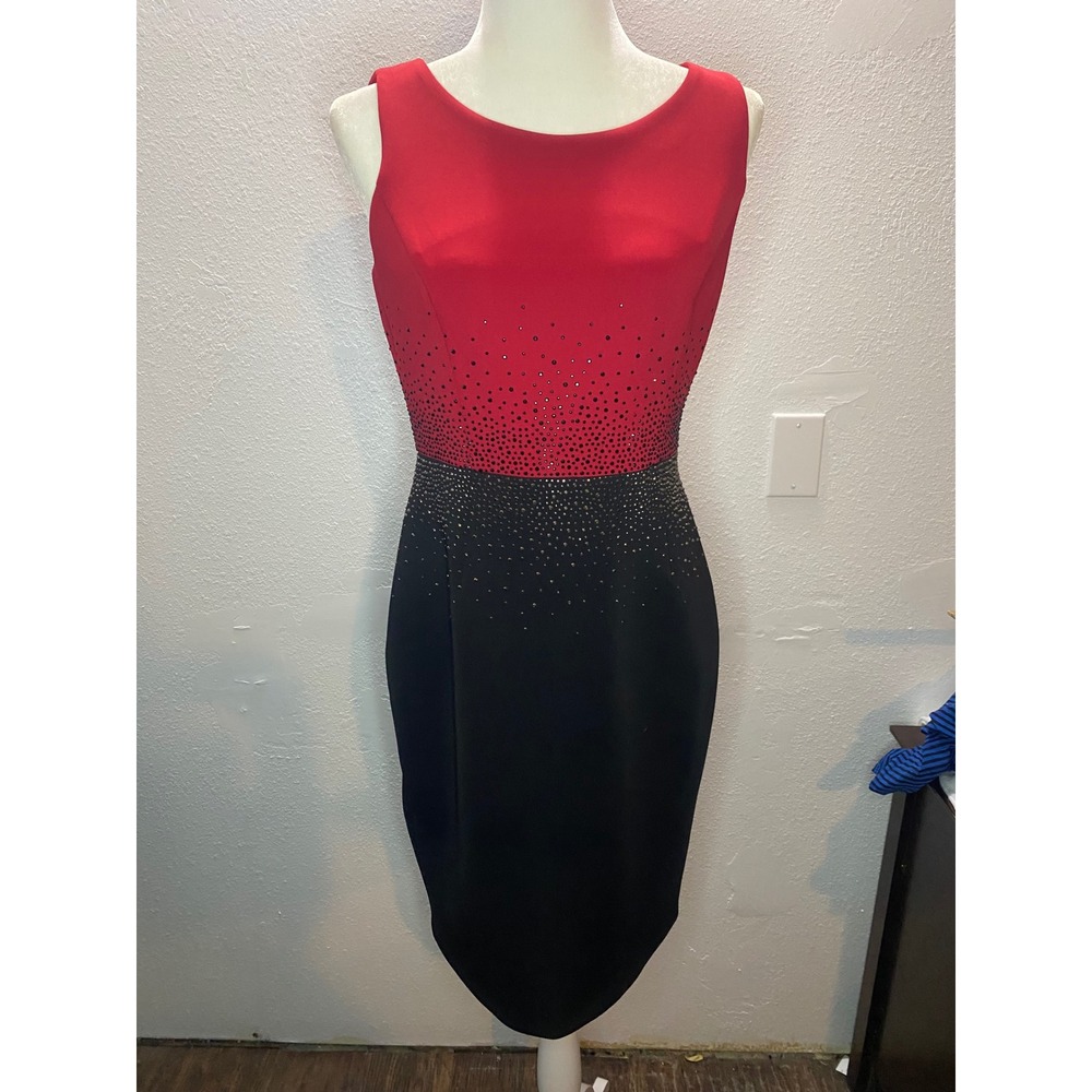 Calvin Klein Sheath Dress Women 6 Red Black New Rhinestone Colorblock Cocktail